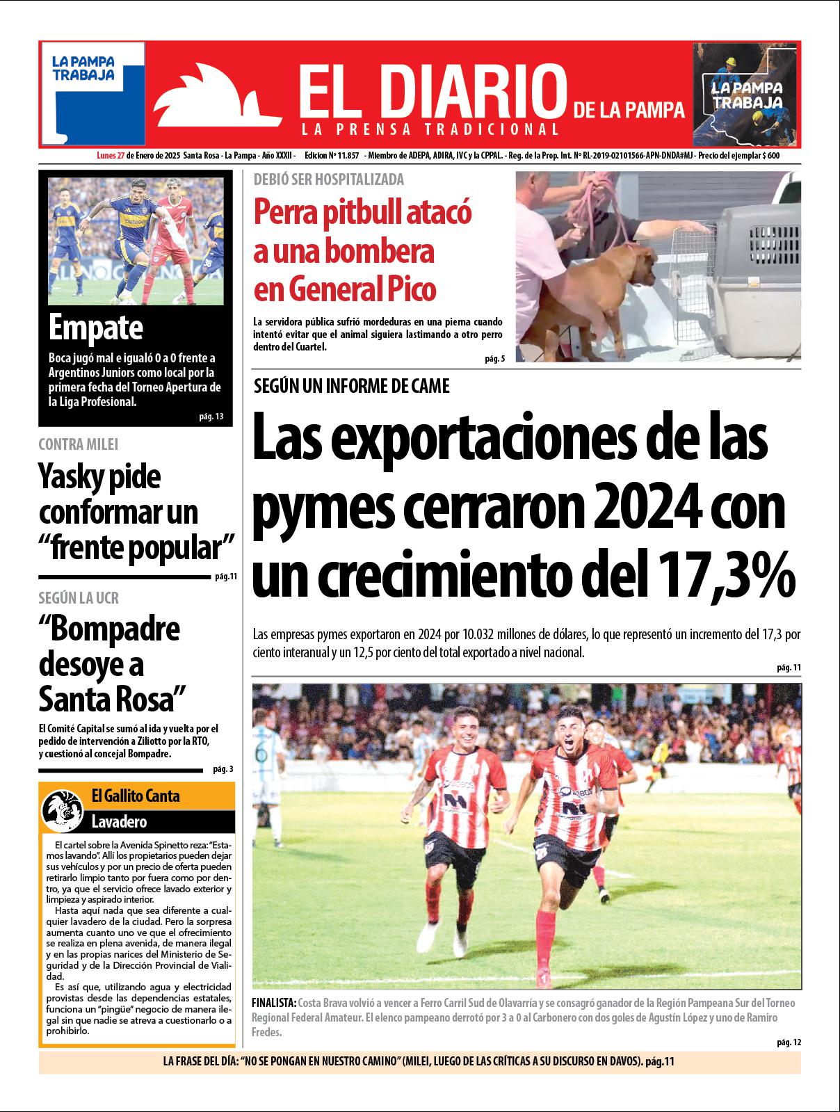 Tapa de El Diario en papel  lunes 27 de enero de 2025
